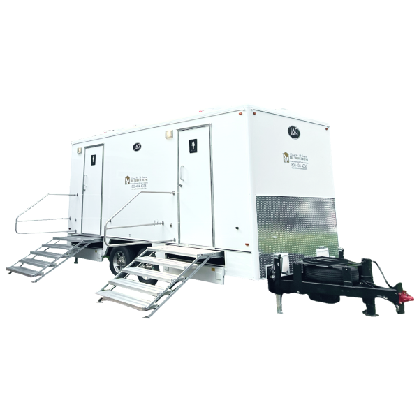 8 stall restroom trailer rental for construction sites, providing clean and climate-controlled facilities for crews and customers