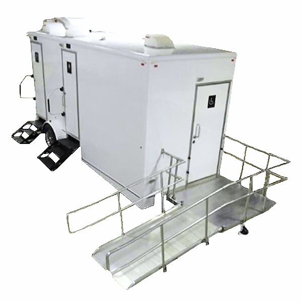 ADA compliant 3 station restroom trailer rental with accessible entrance and spacious interior for events and job sites