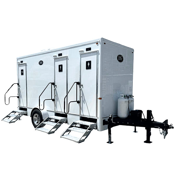 Restroom and shower combo trailer rental with private stalls and climate-controlled interiors for events, job sites, and disaster response