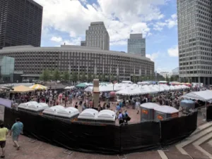 Luxury restroom trailer and portable toilet rentals by The Throne Depot at an outdoor wedding and special event venue
