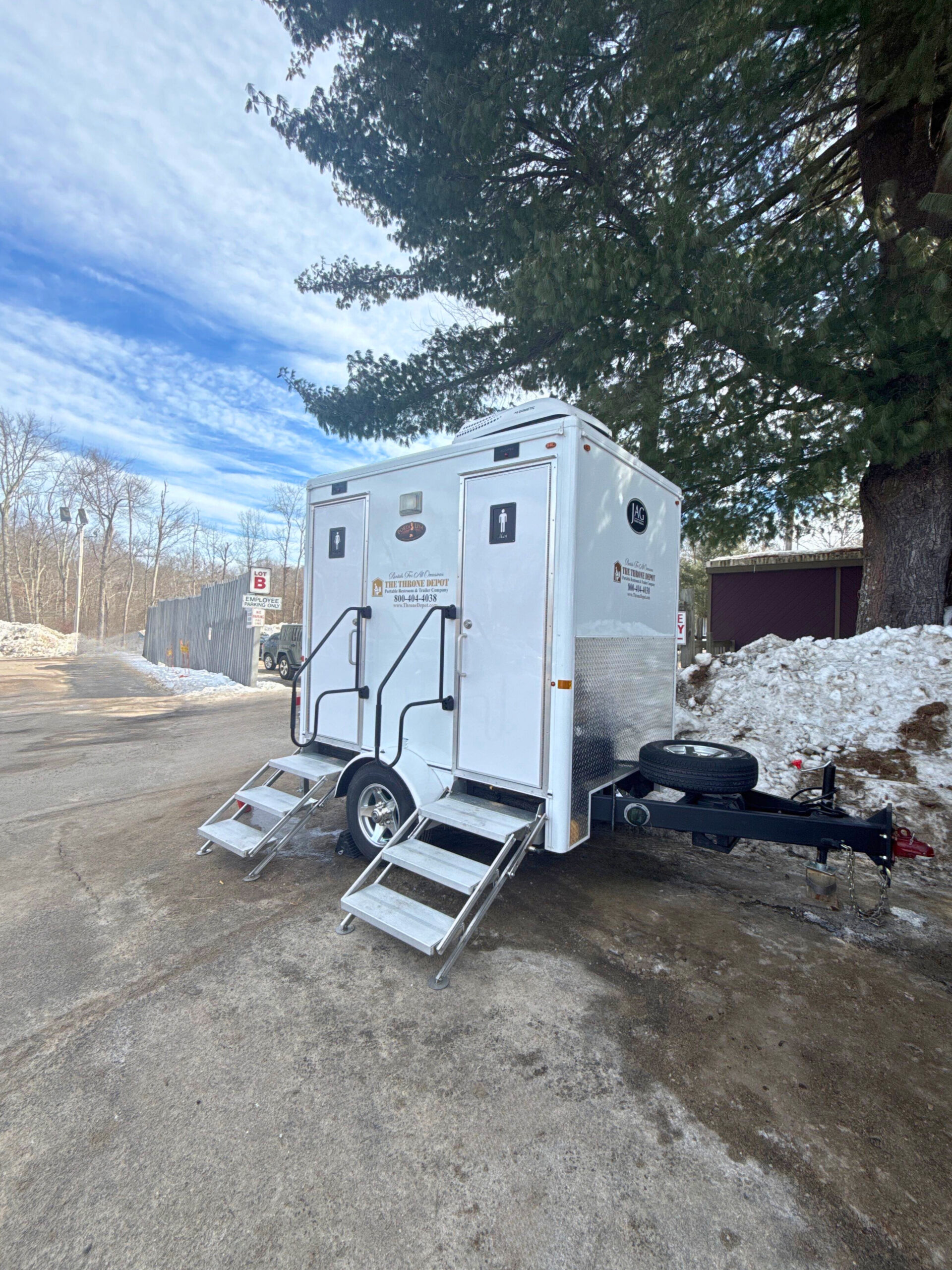 Restroom trailer designed to stay warm and functional during freezing winter weather