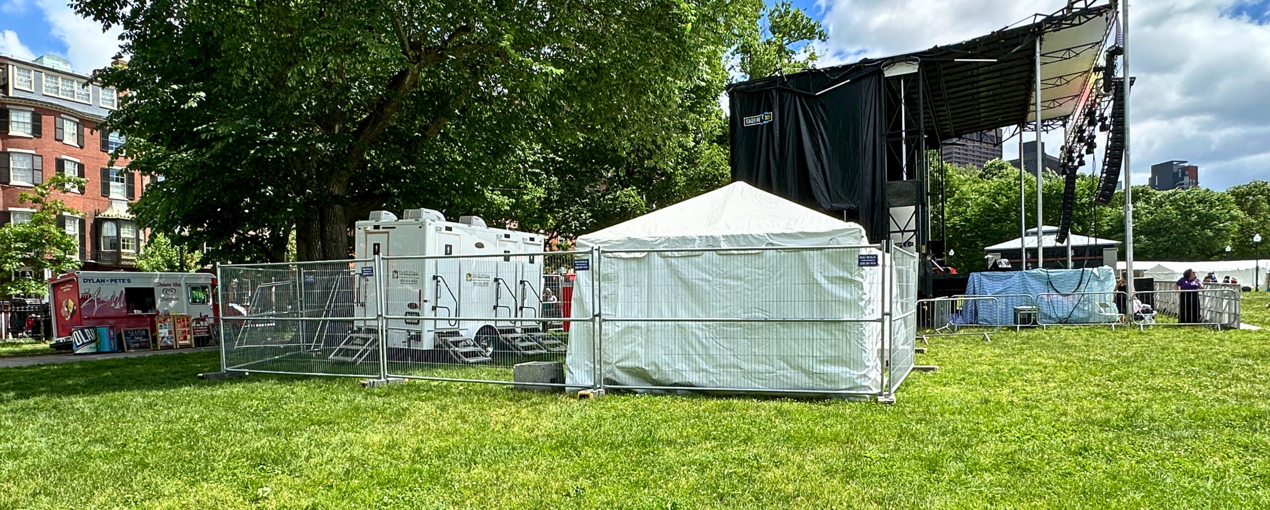 Restroom trailer set up for an event showing why trailers are ideal for guest comfort