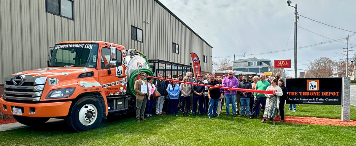 Ribbon cutting ceremony at The Throne Depot’s new Rehoboth MA location with team members and community attendees